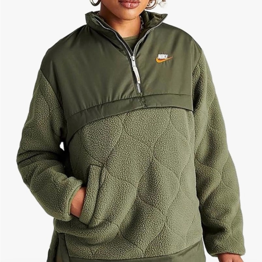 Nike Women’s Jacket Size Large Olive Green 1/4 Zip-Up Embroidered Swoosh, Sherpa